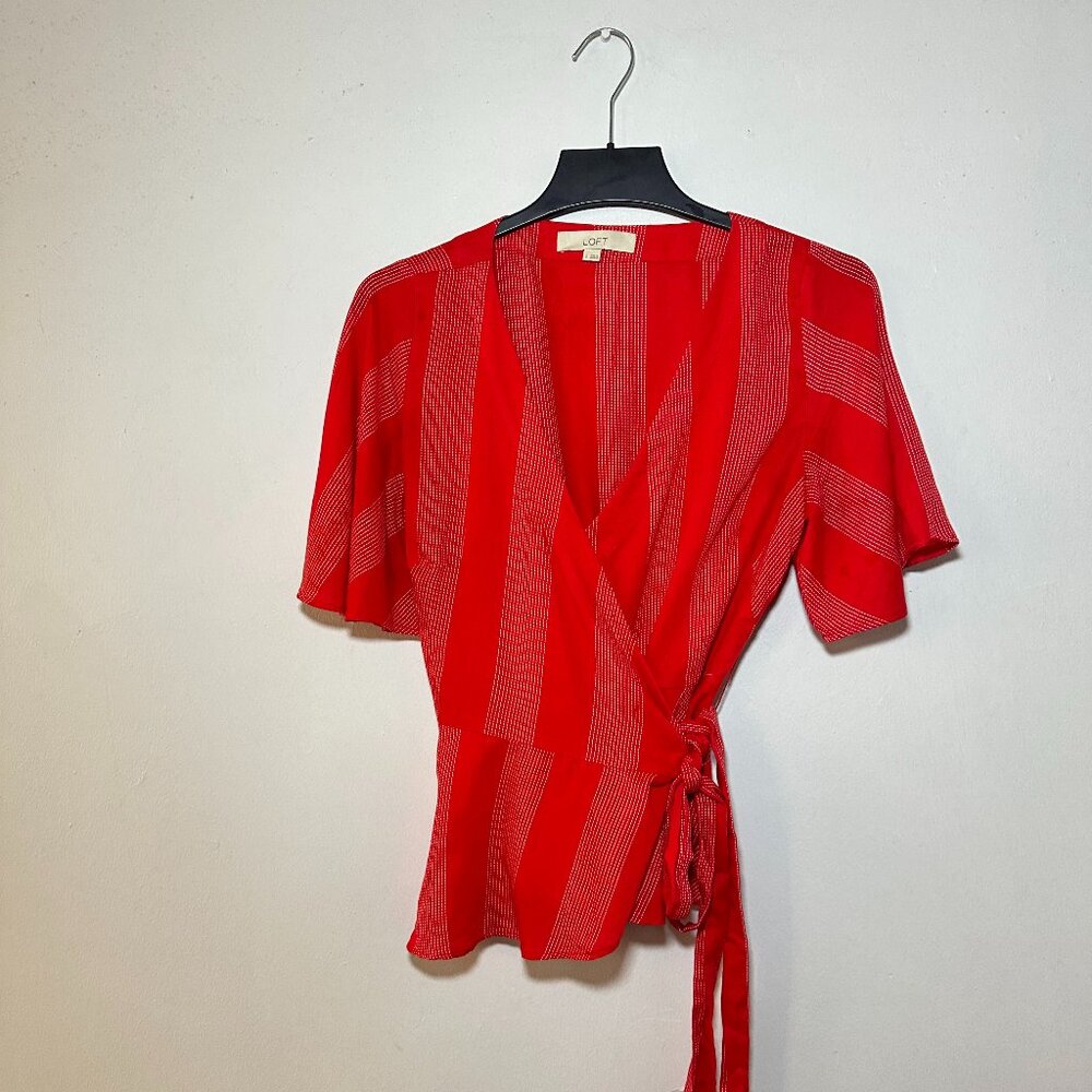 LOFT Red & White Striped Wrap Peplum Top Short Sleeve Blouse S